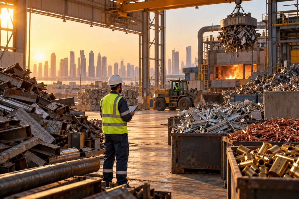 What happens to scrap metal after collection: worker inspecting sorted scrap at a recycling facility in Qatar
